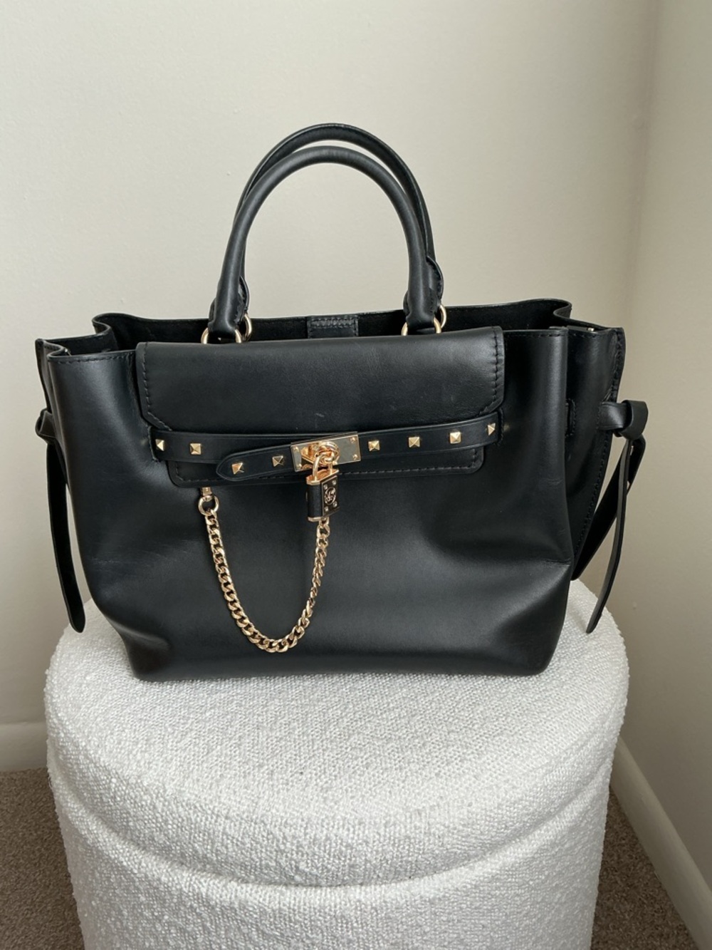 Authentic Michael Kors Hamilton Legacy Studded Leather Belted Satchel – Black